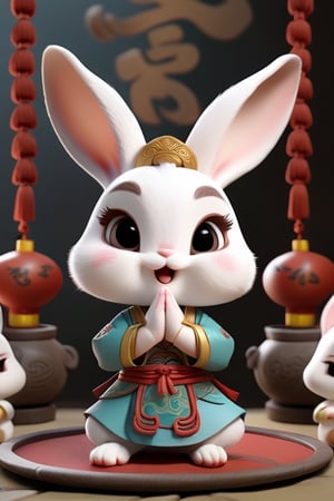 rabbit, ancient costume,Chinese style,cartoon,chibi, personification,3D,3d background,Mande namaste,cute
