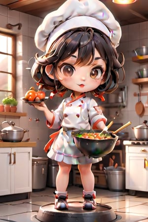 1girls, chibi, 3D,3d background, full body, cute, Chef holding wok in kitchen