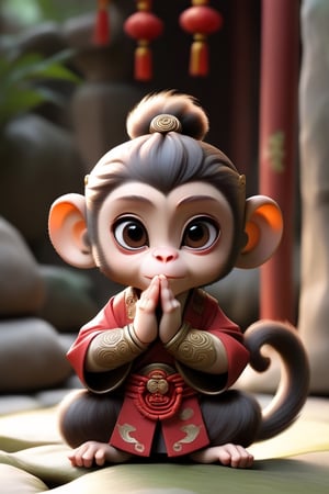monkey, ancient costume,Chinese style,cartoon,chibi, personification,3D,3d background,Mande namaste,cute