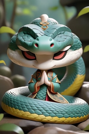 snake, ancient costume,Chinese style,cartoon,chibi, personification,3D,3d background,Mande namaste,cute