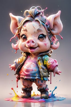 a fierce pig,multicolor ink splash style,hazy and blurry,more detail XL,chibi,dirty,photorealistic,personification,melt