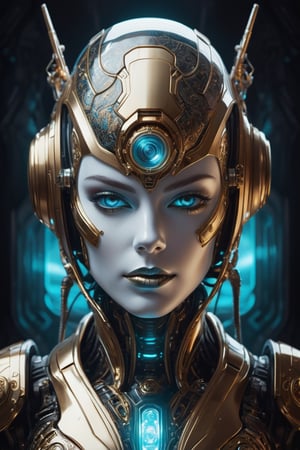 scifi fantasy illustration beautiful robot, in the style of realistic ultra-detailed portraits, dark white and gold, classic portrait, dark red and aquamarine, fierce expression, separate laser eye, realistic detail, hard edge, technological marvels