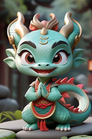 dragon, ancient costume,Chinese style,cartoon,chibi, personification,3D,3d background,Mande namaste,cute