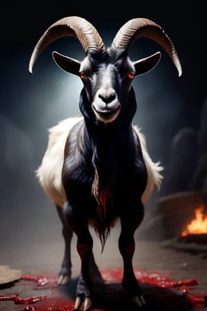 Goat standing on two legs, black, majestic horns, night, eyes shining, bloody mouth, chicken feathers on the ground, devil