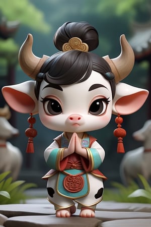 cow, ancient costume,Chinese style,cartoon,chibi, personification,3D,3d background,Mande namaste