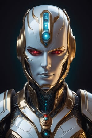 scifi fantasy illustration beautiful robot, in male role,the style of realistic ultra-detailed portraits, dark white and gold, classic portrait, dark red and aquamarine, fierce expression, （separate laser eye：1.2）, realistic detail, hard edge, technological marvels