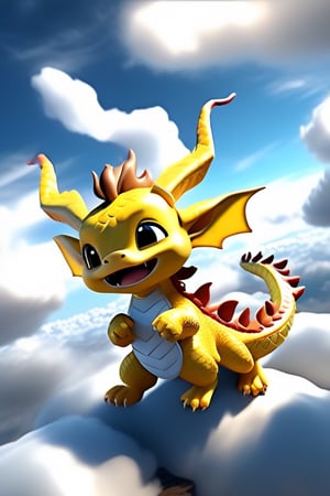 yellow dragon,chibi, 3D,3d background, full body,photorealism, personification,best quality, 8k,cinematic lighting, (Above the blue sky and white clouds ), (Snoring in pajamas)
