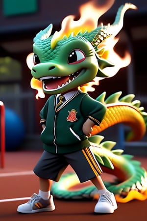 green dragon,chibi, 3D,3d background, full body,photorealism, personification,best quality, 8k,cinematic lighting, (Wearing school uniform ), (Sports meeting in the playground), (Mouth breathing fire)





