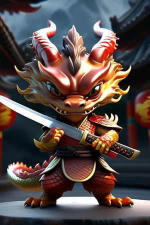 chinese dragons,chibi, 3D,3d background, full body,photorealism, personification,best quality, 8k,cinematic lighting, (Holding a big knife in hand), 
