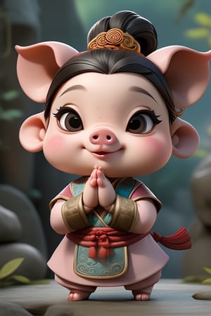 pig, ancient costume,Chinese style,cartoon,chibi, personification,3D,3d background,Mande namaste,cute