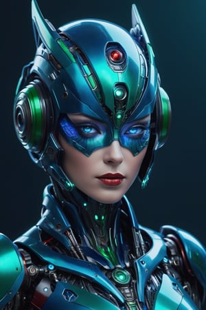 scifi fantasy illustration beautiful robot, in the style of realistic ultra-detailed, dark blue and green, full body, dark red and aquamarine, fierce expression, separate laser eye, realistic detail, hard edge, technological marvels