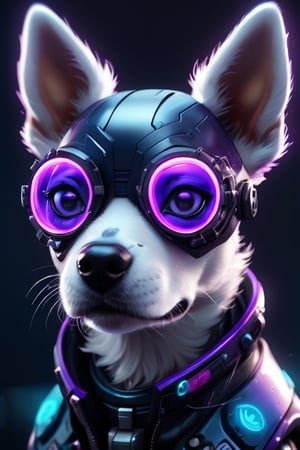 a beautiful portrait of a cute cyberpunk dog by sandra chevrier and greg rutkowski and wlop, purple blue color scheme, high key lighting, volumetric light, digital art, highly detailed, fine detail, intricate, ornate, complex, octane render, unreal engine, photorealistic , 