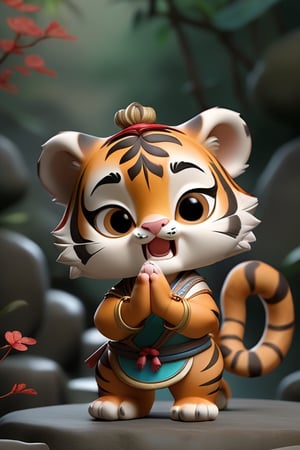 tiger, ancient costume,Chinese style,cartoon,chibi, personification,3D,3d background,Mande namaste,cute