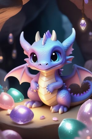 A tiny, cute dragon with big sparkling eyes, perched on a pile of pastel-colored treasures in a magical, softly lit cave.