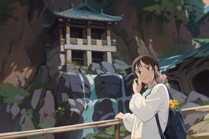 masterpiece, best quality, incredibly absurdres, meadow, grass, flowers, 1 cute smiling girl stand in front of waterfall, perfect scenery, multi colored sky, excellent lighting, studio Ghibli ,ghibli style