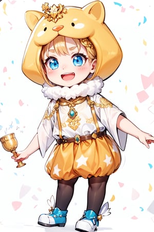 (best quality, masterpiece:1.2),ultra detailed,Adorable performer wearing a unique headdress, holding a golden cup adorned with gemstones. The joyful expression and exquisite details of the golden cup create a mysterious and enchanting scene, symbolizing fantasy and joy.