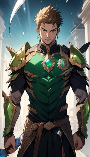 (best quality, masterpiece:1.2),ultra detailed,aura, morning light fighter, a confidence warrior, 1 man, same color eyes,glory armor, left hand hold mighty sword, 1 green night pearl on the chest,anime, brown piercing on the ear