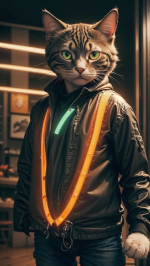 ((High resolution)),((high detailed)), cowboy shot, photo realistic, masterpiece, official art, cyberspace background,
photo, best quality, 8k resolution, Cat, cat plush,  multicolor Yellow red green Neon Light, cinematic lighting, dark studio, 