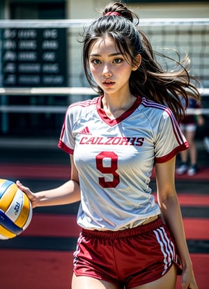 1girl, a girl as a volleyball player, plain white shirt, red shorts, professionally color graded, depth of field ,1 girl