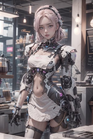 half woman half cyborg, coffee latte artist, Wearing a barista apron, robot arm, fucked by customer