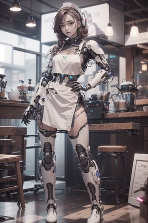 half woman half cyborg, coffee latte artist, Wearing a barista apron, robot arm,Mecha