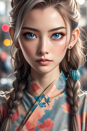 1girl, solo, long hair, looking at viewer, blue eyes, jewelry, closed mouth, braid, white hair, earrings, twin braids, lips, grey eyes, tattoo, facial mark, portrait, hair over shoulder, realistic,Asia,Woman 