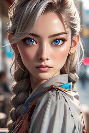 1girl, solo, long hair, looking at viewer, blue eyes, jewelry, closed mouth, braid, white hair, earrings, twin braids, lips, grey eyes, tattoo, facial mark, portrait, hair over shoulder, realistic,Asia,Woman 