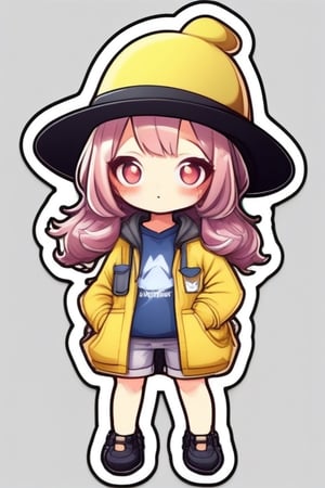 sticker,cybhigh quality, cute stickers, style cartoon, cute Super Deformed Character, white border, colorful, Detailed illustration of a woman wearing a Helen Kaminski hat with her hands in her pockets, awesome full colororg style,moonster