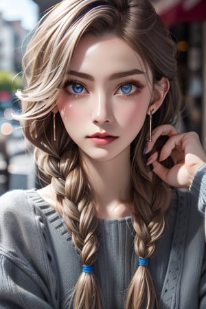 1girl, solo, long hair, looking at viewer, blue eyes, jewelry, closed mouth, braid, white hair, earrings, twin braids, lips, grey eyes, tattoo, facial mark, portrait, hair over shoulder, realistic,Asia,Woman ,Taiwan ,lelev3