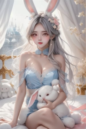 beautiful illustration, best quality, cute girl, bedroom, pastel color, fluffy bunny ears, , silver long hair, rabbit stuffed toy, bright lighting, light pink eyes, background,scenery,CrclWc,CuteSt1,WtrClr