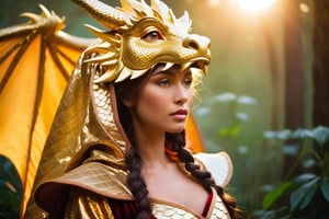 A majestic shot of a whimsical scene: The goddess' flawless face, glistening with sweat, slowly rises from the dark, velvet-lined hood of a gigantic dragon puppet costume. Soft, golden light illuminates her features, accentuating the subtle sheen on her skin. The camera lingers on the intimate moment, capturing the intricate details of the costume's scales and the goddess' serene expression, as if she has just awakened from a mystical slumber within the mythical beast.