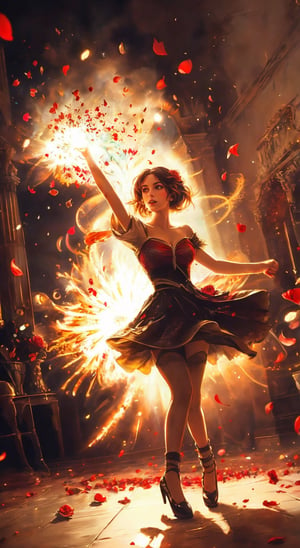  a highly detailed photo of a girl dancing elegantly, an explosion of red rose petals, creating a stunning scene that captures the essence of the celebration,Extremely Realistic,frwks,firefliesfireflies