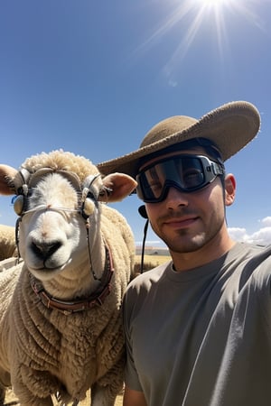 Masterpiece, best' quality, 64k, detailed, futuristic, sci-fi, robotic cat wearing a hat and goggles, taking selfie with a sheep, bright sunny day, hyper realistic,