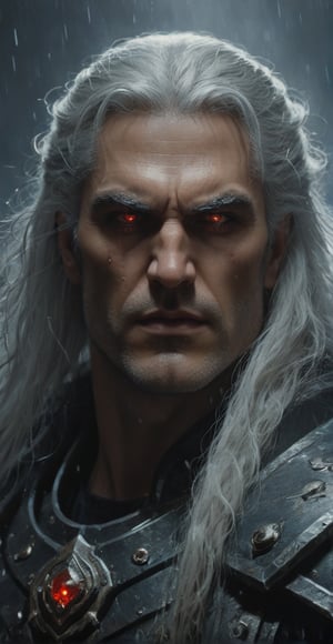 A majestic close-up portrait of Angron, Primarch of the World Eaters XII Legion, radiates intense energy. Long, partially black, and white hair flows like fiery lava, entwined with mystical mist. a small bleeding cut on the forehead. His normal skin glows with an otherworldly aura. Vibrant colours burst forth from his eyes, as if infused by the silver full moon's ethereal light. The background: a swirling storm of rain and lightning, set against the dark, mysterious forest. Every detail is meticulously crafted, reminiscent of a fine art painting by Drew Struzan and Karol Bak. Gothic architecture and ilya kuvshinov's haunting atmosphere converge to create a masterpiece that embodies the essence of war.