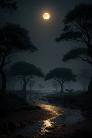 A serene fantasy scene unfolds beneath a radiant moonlit sky. A gnarled tree, its branches stretching towards the heavens like nature's own cathedral. In the distance, an alien figure emerges from the misty river, its bioluminescent scales shimmering in harmony with the lunar glow.,photorealistic