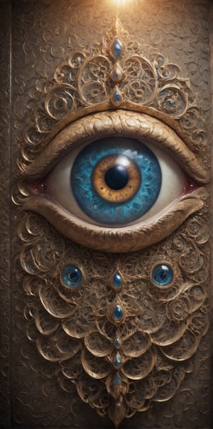 A close-up shot of an intricately designed eye, situated at the center of a wall. The eye is surrounded by ornate patterns and swirling shapes, reminiscent of a famous artist's unique style. The subject's facial expression is contemplative, with a hint of wisdom, as if gazing inwardly. The warm lighting casts a soft glow on the design, highlighting its intricate details.