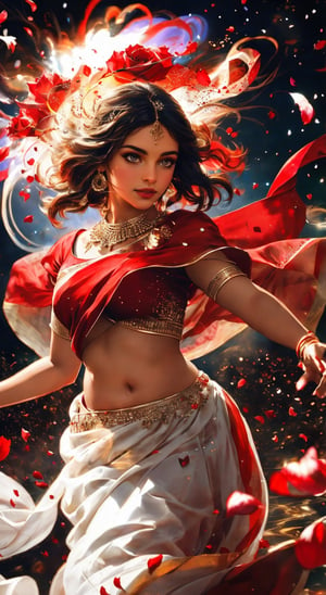 a highly detailed photo of an Indian girl dancing elegantly, wearing a white and red saree, an explosion of red rose petals, creating a stunning scene that captures the essence of the celebration, milkyway as backdrop, Extremely Realistic,frwks