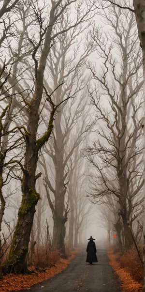 A winding forest path leads through a veil of misty fog, the trees' gnarled branches like skeletal fingers reaching towards the sky. In the distance, a coven of witches convenes, their black robes blending with the shadows as they prepare for their mystical gathering. The atmosphere is heavy with anticipation.