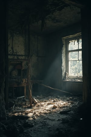 
"Generate a 16K hyper-realistic cinematic shot of a crumbled, abandoned house. The setting features destroyed furniture scattered across the dark, eerie interior. The cracked walls show signs of decay, with dust and debris scattered on the floor. The overall tone is disturbing and unsettling, enhanced by deep shadows. Use a Hasselblad H6D-400C camera with a 35mm lens, ISO 400 to capture the dark tones, f/8 for detailed depth of field, and a 1/100s shutter speed to emphasize the intricate textures and haunting atmosphere."