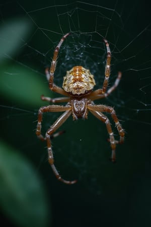 a detailed photo of spider, knitting its web, detailed web, captured on Hasselblad H6D-400c MS, low exposure, high contrast, ISO 100, with a 1800mm macro lens, 