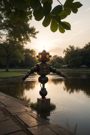 A 64k tight close-up shot captures the intricate details of a small robot perched on the banks of a serene pond at dusk. The robotic structure is a masterclass in repurposed industrial design, with exposed wires, mechanical joints, and panels constructed from weathered rusted metal. Its round eyes, like lanterns, gaze intently at the lotus flowers swaying gently in the post-rain breeze.,Masterpiece