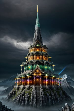 A majestic Temple stands tall on a now capped mountain, its ancient stones gleaming with an otherworldly aura. Divine lights emanate from within, casting an ethereal glow amidst the swirling darkness of clouds that partially shroud it. The air is charged with mystical energy, as if the very fabric of reality converges at this sacred site.,TechStreetwear,Extremely Realistic,Masterpiece,CrclWc,Fantasy