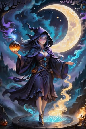 A bewitching scene unfolds under the radiant moonlight, as a cloaked sorceress stands before a bubbling cauldron, her eyes aglow with mystical intensity. The witch's wand gestures weave an aura of energy, as objects around her begin to levitate and transform, swirling with magical potential. The manuscript illustrations depict intricate details: the witch's delicate fingers grasping the wand, the cauldron's wispy tendrils curling into the air, and the moon hovering above like a silver crescent.