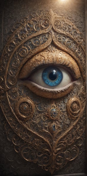 A close-up shot of an intricately designed eye, situated at the center of a wall. The eye is surrounded by ornate patterns and swirling shapes, reminiscent of a famous artist's unique style. The subject's facial expression is contemplative, with a hint of wisdom, as if gazing inwardly. The warm lighting casts a soft glow on the design, highlighting its intricate details.