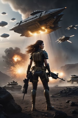 Here is a high-quality prompt for a 8K image:

A cinematic masterpiece of a young female warrior standing suavely in the midst of a desolate, dark fantasy landscape. She walks confidently towards the camera, her long hair billowing in the wind as she gazes upwards at the chaos unfolding above. A humvee with machineguns mounted on top is firing down at an armada of alien spaceships, their hulls exploding in a shower of sparks and flames. In the distance, an enormous mothership looms large, its surface pockmarked by missile trails that leave glowing white contrails in their wake. The air is thick with debris and smoke, illuminated only by the faint glow of distant stars shining through the darkened skies. Every detail is meticulously rendered, from the worn-outer leather outfit on our heroine to the intricate textures of the soldiers' uniforms as they fire their rifles into the sky. The overall mood is one of gritty intensity, as if this moment has been frozen in time for all eternity.