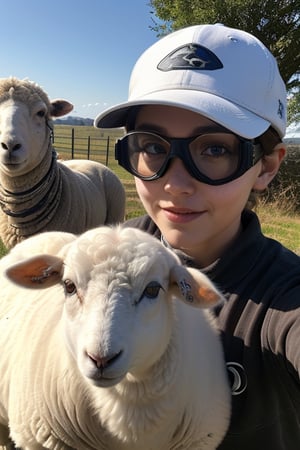 Masterpiece, best' quality, 64k, detailed, futuristic, sci-fi, white mechanical cat, wearing a hat and goggles, taking selfie with a sheep, bright sunny day, hyper realistic,