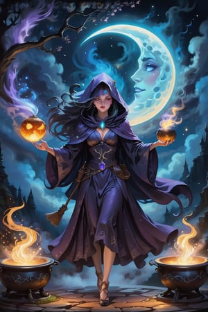 A bewitching scene unfolds under the radiant moonlight, as a cloaked sorceress stands before a bubbling cauldron, her eyes aglow with mystical intensity. The witch's wand gestures weave an aura of energy, as objects around her begin to levitate and transform, swirling with magical potential. The manuscript illustrations depict intricate details: the witch's delicate fingers grasping the wand, the cauldron's wispy tendrils curling into the air, and the moon hovering above like a silver crescent.