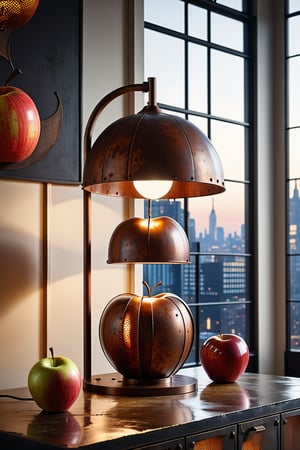 A majestic lamp occupies the frame, bathed in vivid 8K raw lighting that accentuates its rusty metal curves. Resembling a perfectly proportioned apple, the lamp's 3D form exudes industrial elegance and gentle fruit-like contours. The high-resolution capture reveals minute details: pitting on the metal and nuanced light interactions.