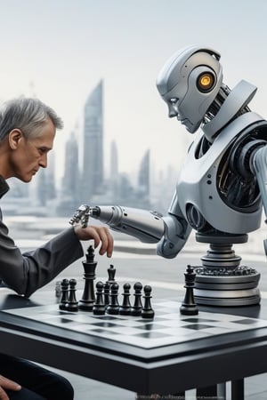 a robot and a man, bionic arm , playing chess, holographic chess, on the table, backdrop a scifi city, masterpiece, best quality, 16k, 1080P, hyperrealistic, ,photorealistic,dark