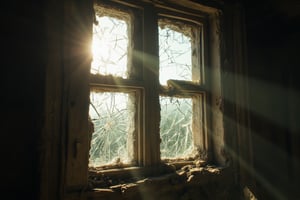 Generate a 4K cinematic shot of a cracked window with broken glass and an aged wooden panel. Sunlight reflects through the fractured glass, creating scattered light patterns. The window is part of a crumbled, weathered house. Use a Hasselblad X1D camera with a 50mm lens, ISO 100 for maximum clarity, f/4 to capture the reflection detail, and a 1/250s shutter speed to freeze the light reflections in the glass while enhancing the texture of the decaying wood.